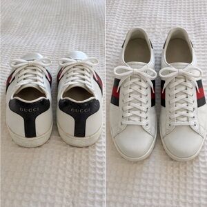 Authentic Gucci Ace White Leather Sneakers Red and Black Web Stripe Size 42